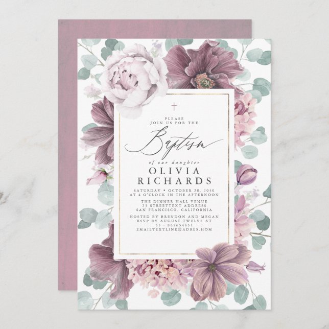 Mauve Flowers Eucalyptus Leaves Elegant Baptism Invitation (Front/Back)