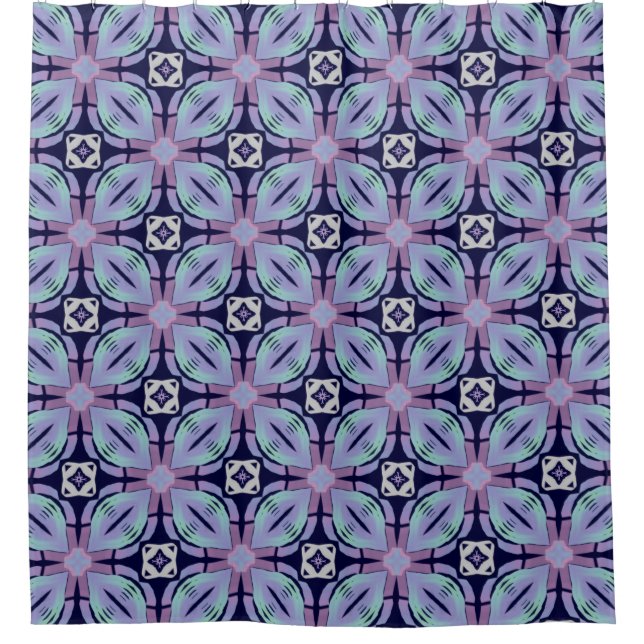 Mauve Geometric Floral on dark Blue  Shower Curtain (Front)