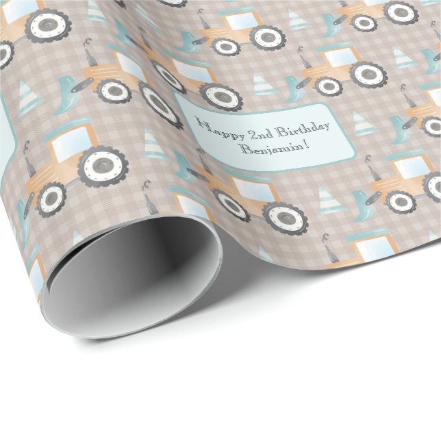 Mauve Gingham Plaid Construction Digger Text Name Wrapping Paper (Roll Corner)