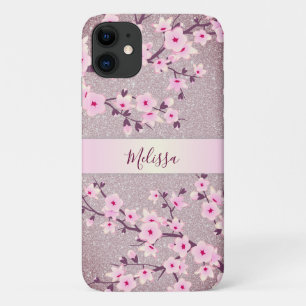 Mauve Glitter Floral Cherry Blossoms Monogram iPhone 11 Case