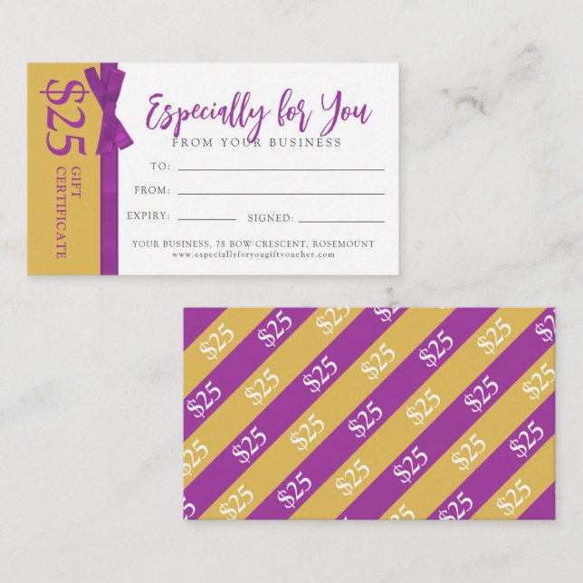 Mauve gold bow business gift $25 gift certificate card (Front/Back)