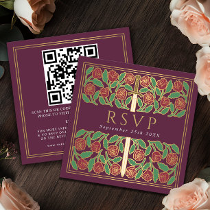 Mauve Gold Floral Royal Wedding RSVP QR Code  Enclosure Card