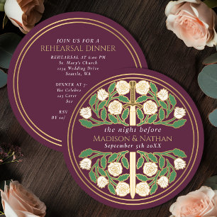 Mauve Gold Floral Sword Royal Wedding Rehearsal Invitation