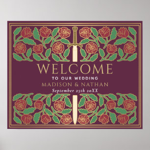 Mauve Gold Floral Sword Royal Wedding Welcome Sign