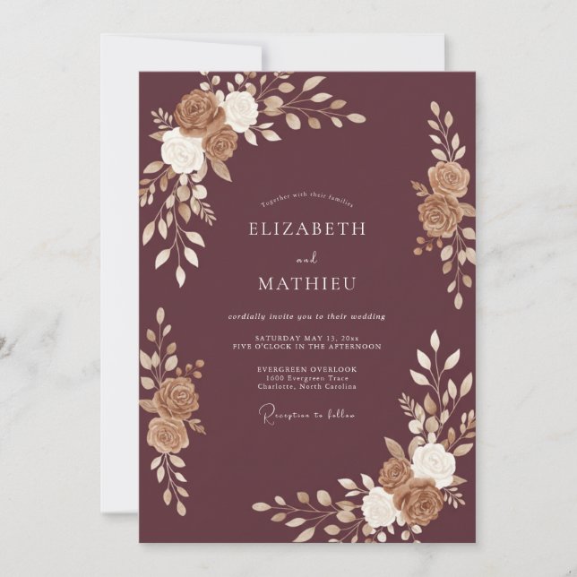 Mauve Gold Leaf Wedding Invitation (Front)