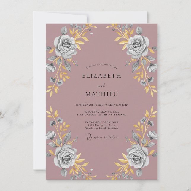 Mauve Gold Peony Wedding Invitation (Front)