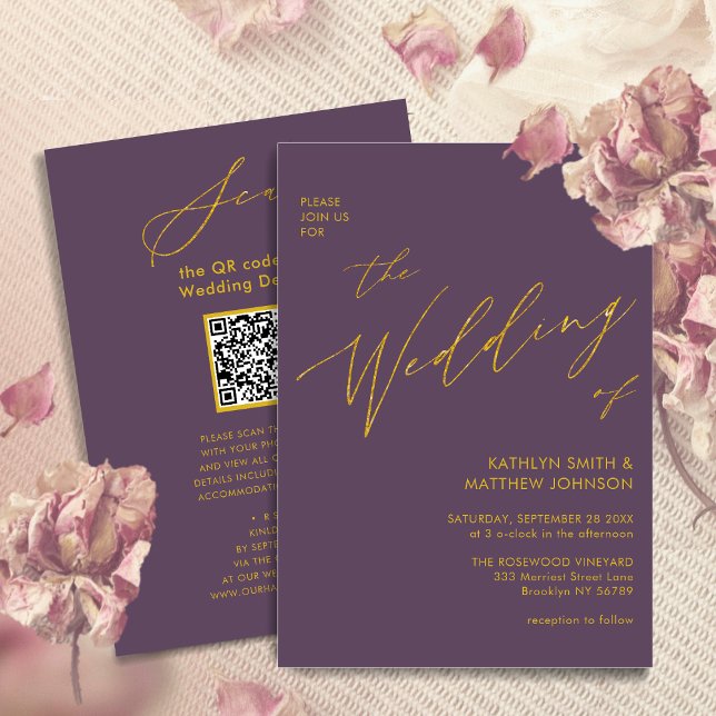 Mauve Gold QR Code All In One Elegant Wedding Invitation (Creator Uploaded)