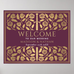 Mauve Gold Sword Royal Wedding Welcome Sign