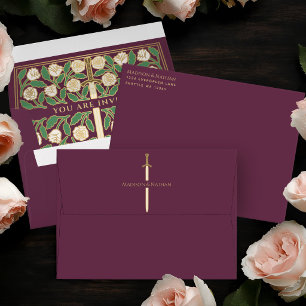 Mauve Gold White Floral Sword Royal Wedding Envelope