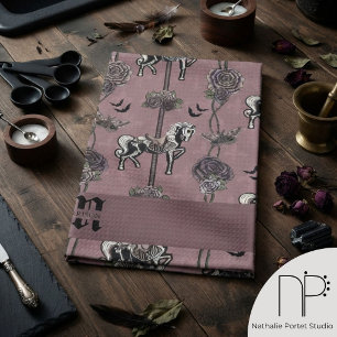 Mauve Gothic Carousel Horse Tea Towel
