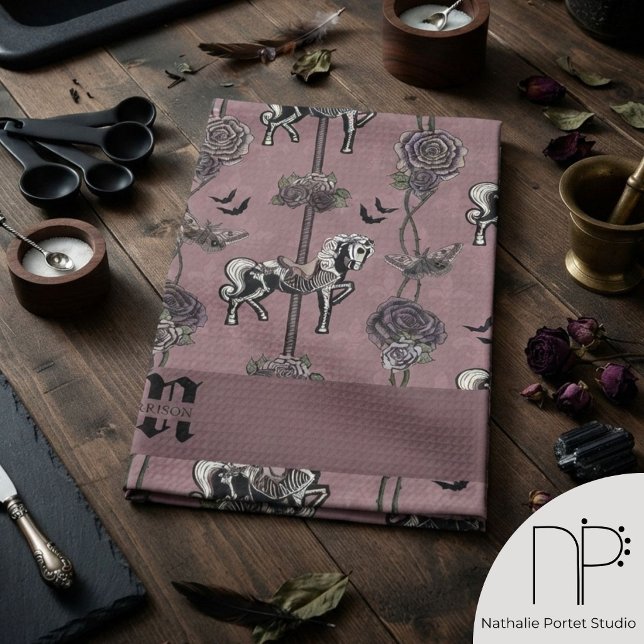 Mauve Gothic Carousel Horse Tea Towel (This Mauve Gothic Carousel Horse Kitchen Towel features hand-drawn chic noir kitchen decor art)