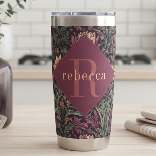 Mauve Green Floral William Morris Elegant Monogram Insulated Tumbler (Creator Uploaded)