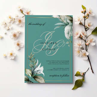 Mauve green gold foliage monogram initials wedding invitation