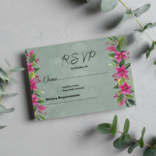 Mauve green pink winter floral Christmas RSVP Invitation (Mauve green pink winter floral Christmas RSVP)
