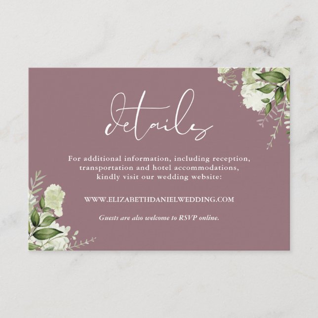 Mauve Greenery Floral Elegant Wedding Details Enclosure Card (Front)