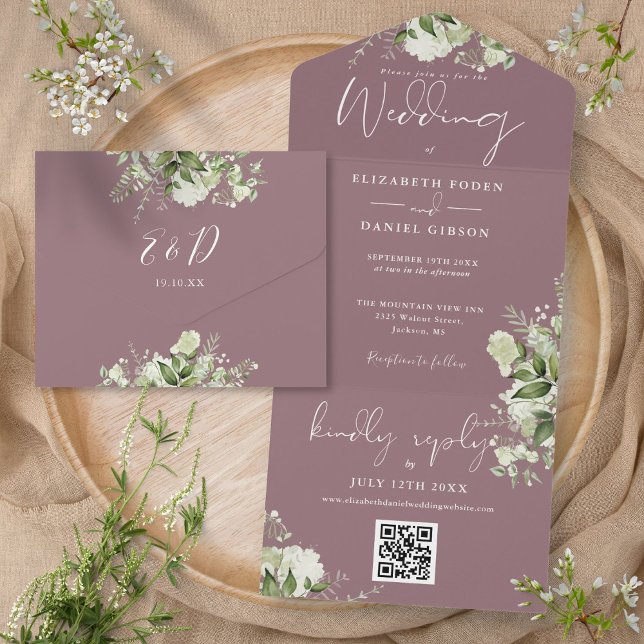Mauve Greenery Floral QR Code Monogram Wedding All In One Invitation (Mauve Greenery Floral QR Code Monogram Wedding All In One Invitation)