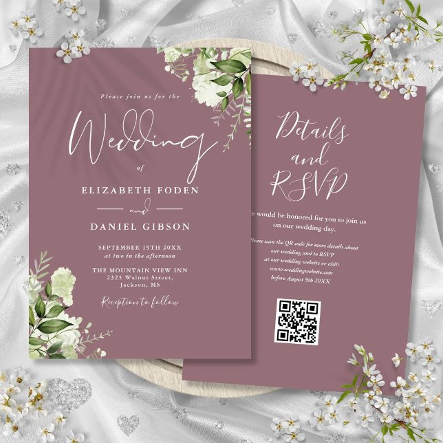 Mauve Greenery Floral QR Code Wedding Invitation (Mauve Greenery Floral QR Code Wedding Invitation)