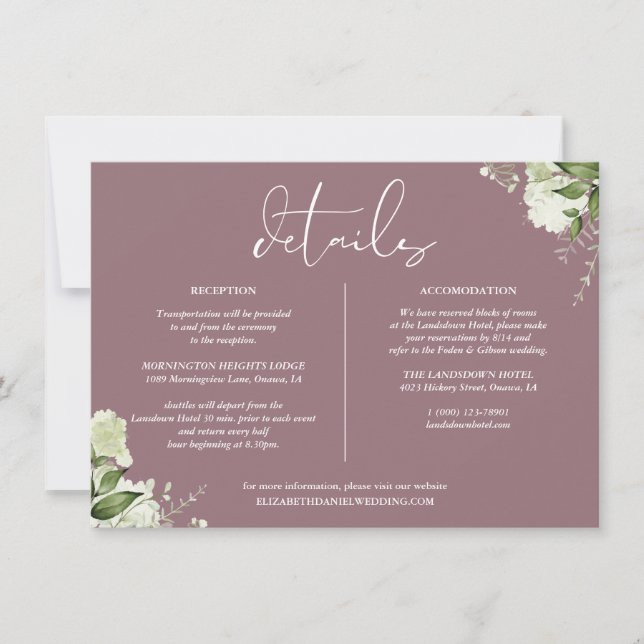 Mauve Greenery Wedding Details Information Invitation (Front)