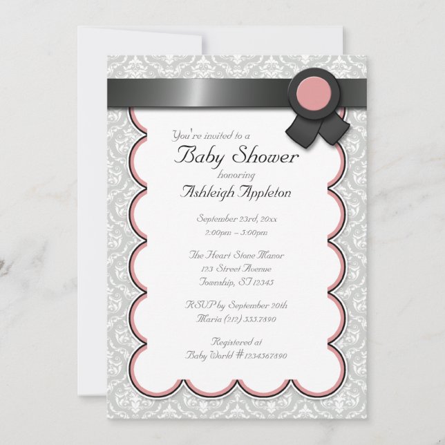 Mauve & Grey Damask Baby Shower Invitations (Front)