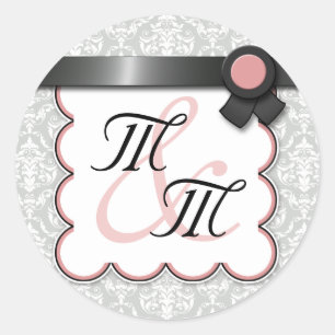 Mauve & Grey Damask Double Monogram Stickers