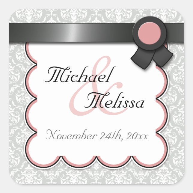 Mauve & Grey Damask Wedding Favour Stickers (Front)