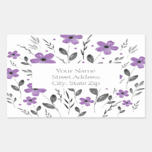 Mauve, Grey Five Petal Watercolor Flower Motif Rectangular Sticker