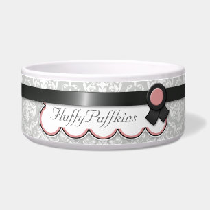 Mauve & Grey Ribbon Design Damask Dog Bowl