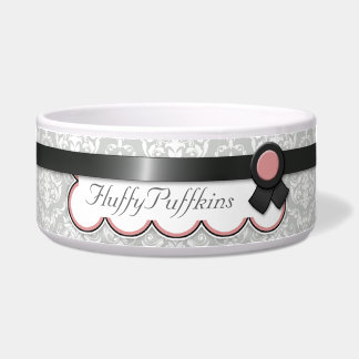 Mauve & Grey Ribbon Design Damask Dog Bowl