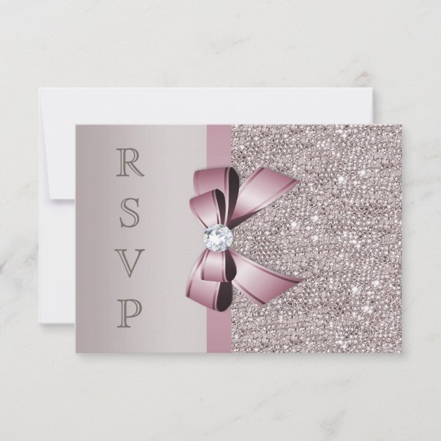Mauve Grey Sequins Diamonds Bow RSVP Card (Front)