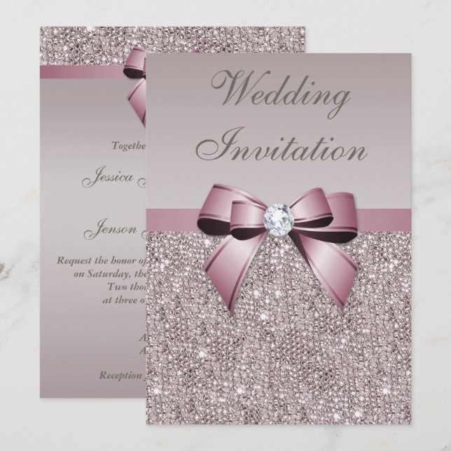 Mauve Grey Sequins Diamonds Bow Wedding Invitation (Front/Back)