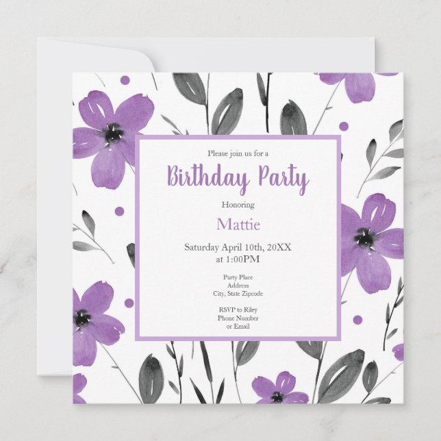 Mauve Grey Watercolor Floral Motif Invitation (Front)