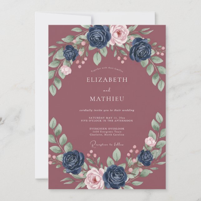 Mauve Indigo Petal Wedding Invitation (Front)