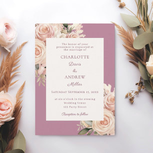 Mauve ivory dusty rose florals wedding invitation
