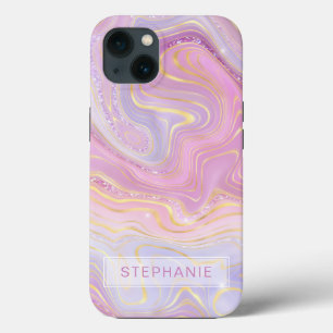 Mauve Lavender Gold Personalised Marble Strata iPhone 13 Case