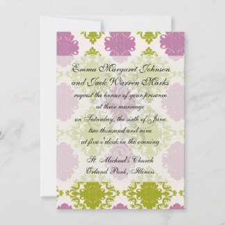 mauve lavender lime green white diamond damask invitation
