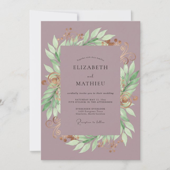 Mauve Leaf Wreath Wedding Invitation (Front)