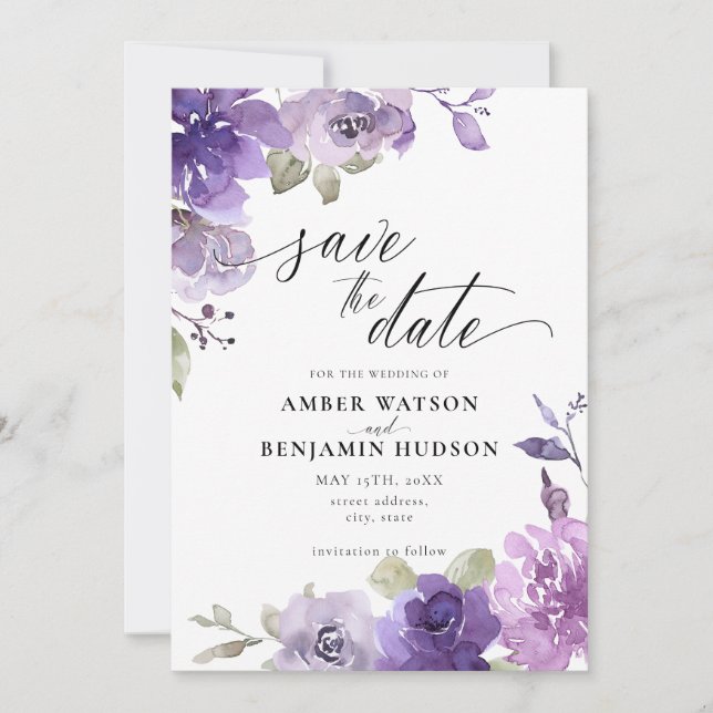Mauve Lilac Dusty Purple Floral Save The Date Invitation (Front)