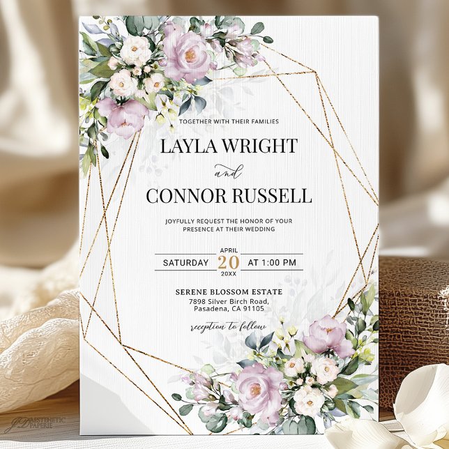 Mauve Lilac Floral Geometric Modern Wedding Invitation (Creator Uploaded)