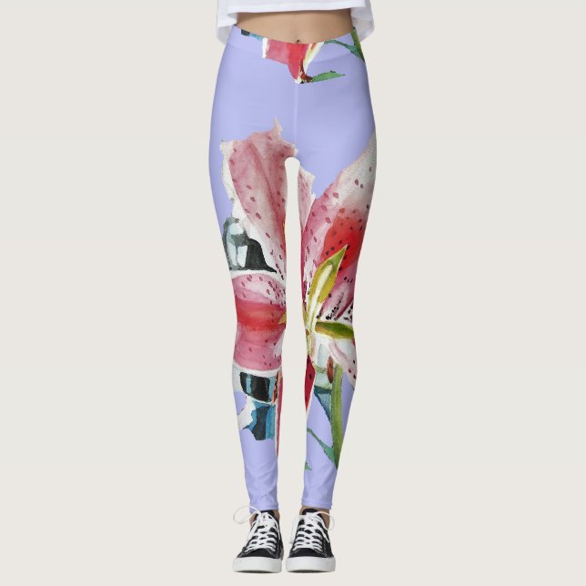 Mauve Lilac Lily floral art watercolor Leggings (Front)