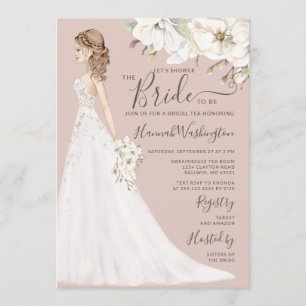 Mauve Magnolia Bride in Glitter Gown Bridal Tea Invitation