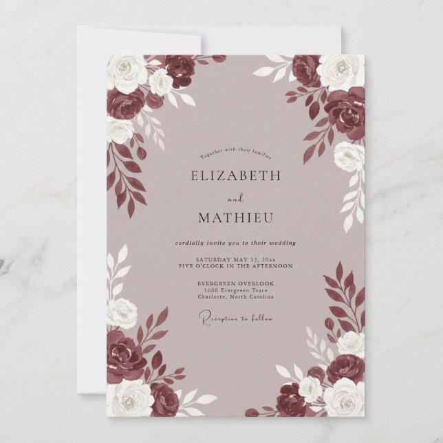 Mauve Maroon Peony Wedding Invitation (Front)
