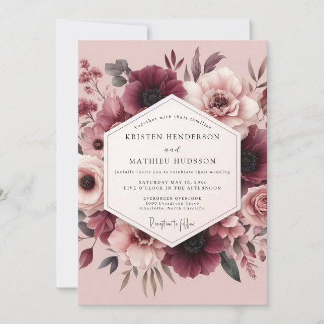 Mauve & Maroon Romantic Bloom Wedding Invitation (Front)