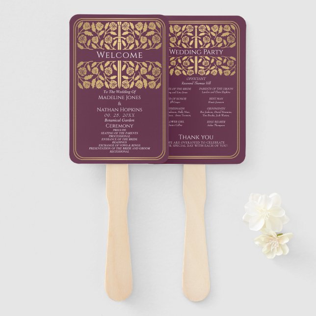 Mauve Mediaeval Gold Sword Royal Wedding Program Hand Fan (Front and Back)
