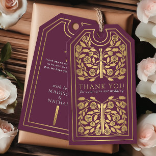 Mauve Mediaeval Gold Sword Wedding Thank You Gift Tags