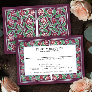 Mauve Mediaeval Silver Floral Sword Royal Wedding RSVP Card