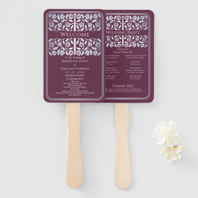 Mauve Mediaeval Silver Sword Royal Wedding Program Hand Fan (Front and Back)