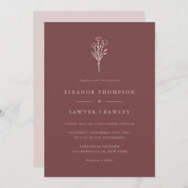 Mauve Minimalist Botanicals Wedding Invitation (Front/Back)