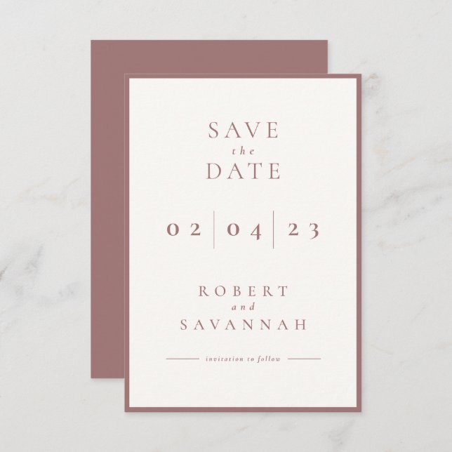 Mauve Minimalist Save the Date Card (Front/Back)