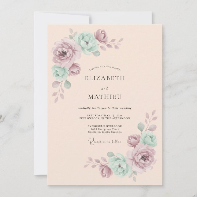 Mauve Mint Botanical Romance Wedding Invitation (Front)