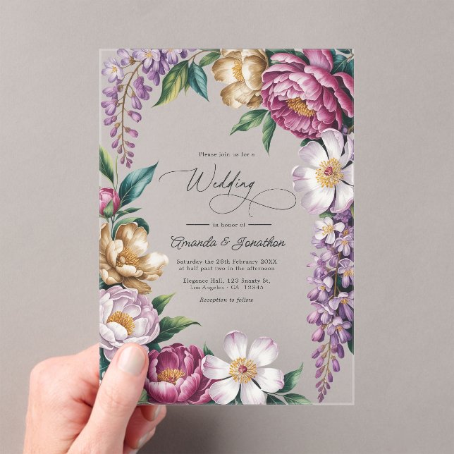 Mauve Mist, Champagne Gold & White Floral Wedding Acrylic Invitations (Insitu (Handheld))